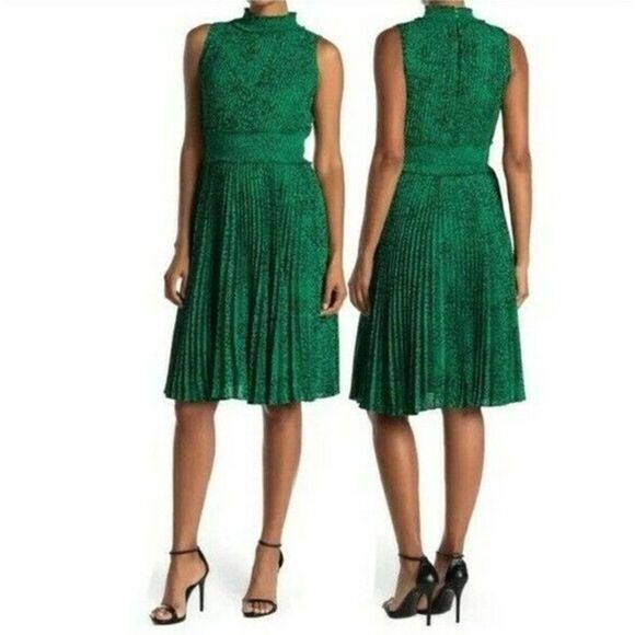 Nanette Lepore Shamrock Green Animal Print Pleated Sleeveless A Line Dress - Picture 16 of 16